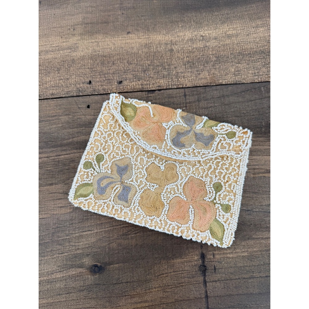 Vintage‎ Beaded Clutch Floral Handmade Belgium Cottagecore Bridal Purse Neutral